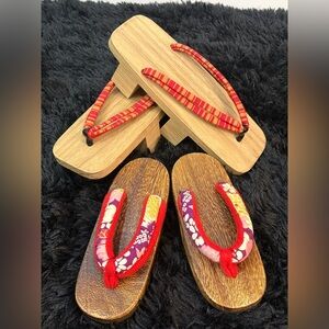 Handmade Wooden Geta Sandals Set | Red Floral Kimono Style | Small & Medium